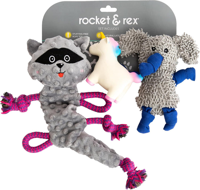 rocket & rex natural rubber and cotton dog chew toy set for small breeds, 6 pack assortment toy bundle