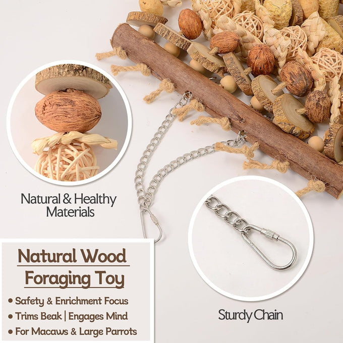 14.5" Extra Large Macaw Bird Chewing Toy with Natural Wood, Corn Cobs and Rattan Balls for African Grey, Cockatoos