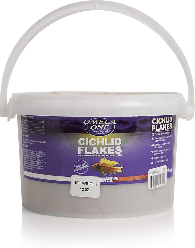 Omega One Cichlid Flakes - 12 Ounce, Salmon Skin, Omega 3, Low Ash, Fresh Protein