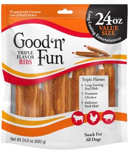 Good 'n' Fun Triple Flavor Ribs Chews for All Dogs, 24 Ounces Beef Hide Chicken Pork Treats