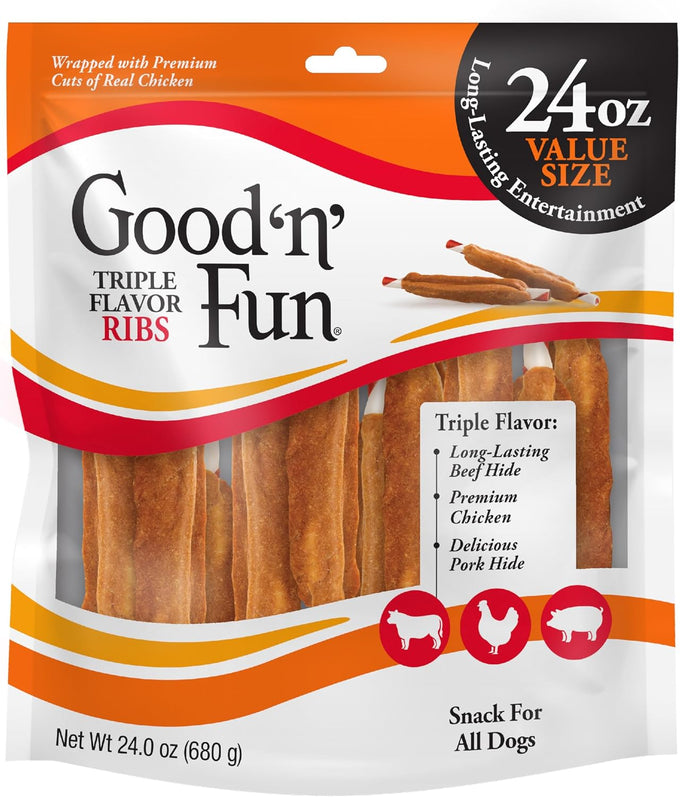 Good 'n' Fun Triple Flavor Ribs Chews for All Dogs, 24 Ounces Beef Hide Chicken Pork Treats
