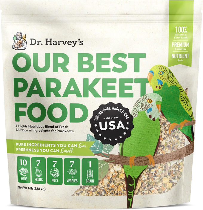 wholesome dr. harvey's parakeet food with 10 seed types, 7 nuts, 15 fruits & vegetables, no chemicals (4 pounds)