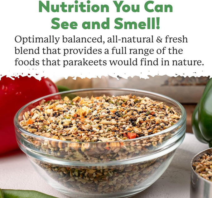 wholesome dr. harvey's parakeet food with 10 seed types, 7 nuts, 15 fruits & vegetables, no chemicals (4 pounds)