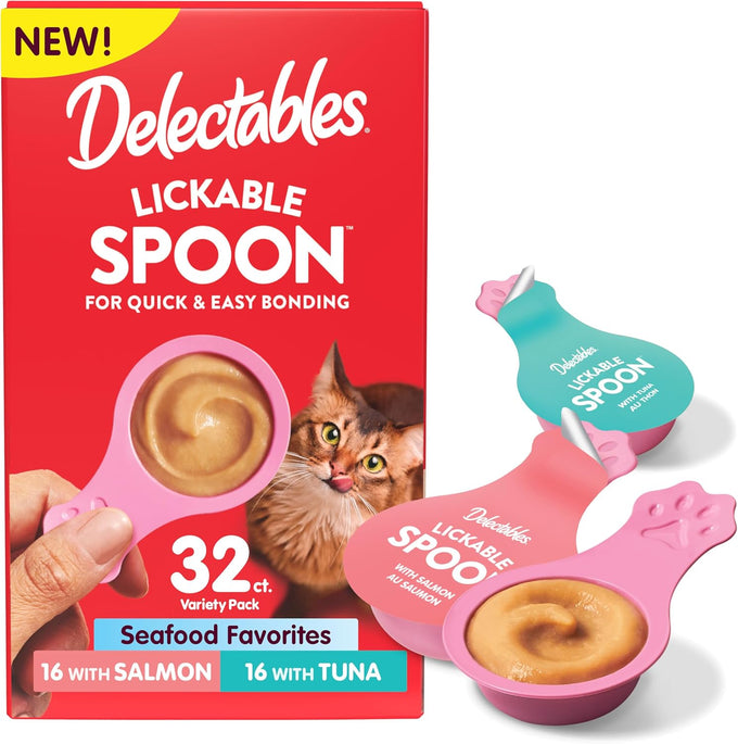 delectables lickable spoon handheld wet cat treats made with real salmon & tuna, creamy puree, mess free, quick & easy, grain-free 32ct variety pack