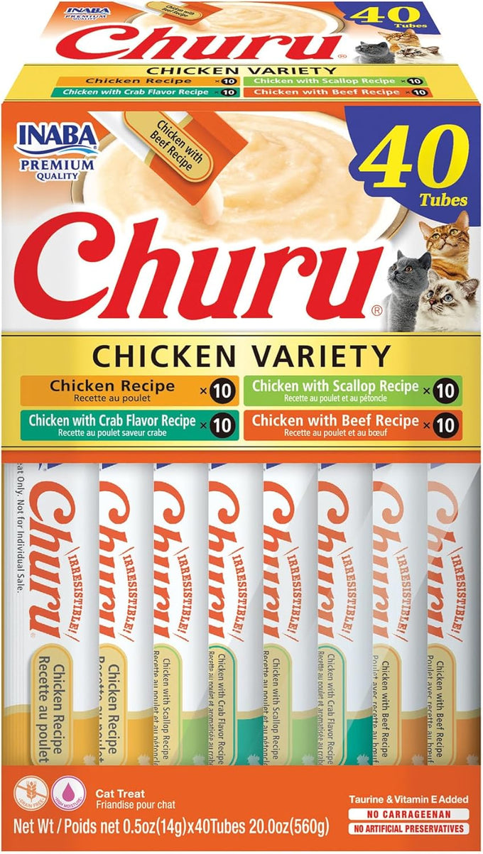 INABA Chicken Variety Box Churu Cat Treats with Green Tea Extract & Taurine, 40 Tubes, 0.5 Ounces Each