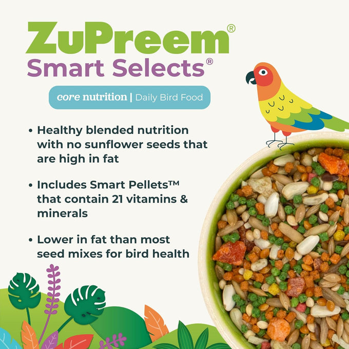ZuPreem Smart Selects Large Bird Food, Cockatoo, Macaw, and Amazon Diet, Pellet and Seed Blend, Made in USA, 4 lb Bag, Large