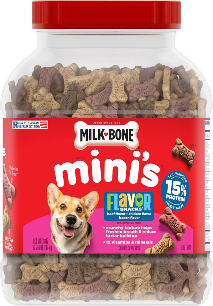 Milk-Bone Flavor Snacks Mini's dog biscuits, 36 Oz canister, beef, chicken, bacon flavors