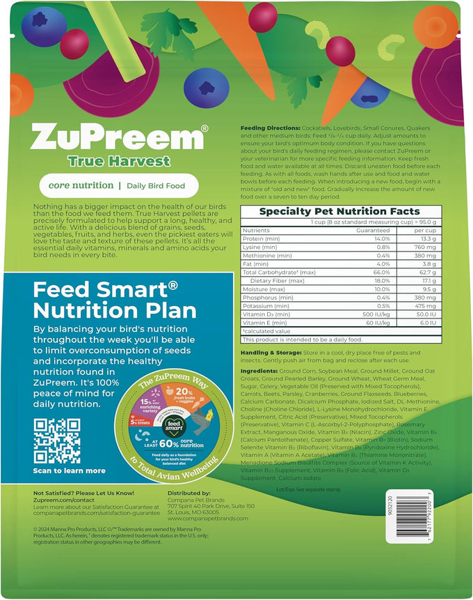 ZuPreem True Harvest 2.5 lb Medium Bird Pellet Diet for Quakers, Lovebirds, Small Conures, Pack of 2