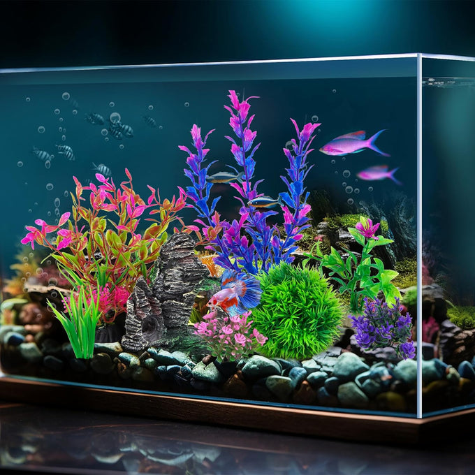 Ameliade goldfish and betta fish tank accessories artificial plastic plants decorations and rock cave set