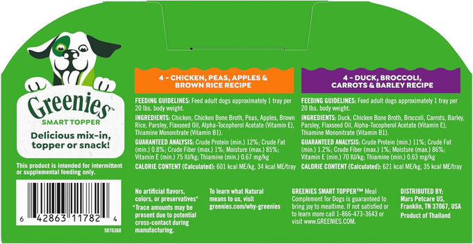 greenies smart topper high protein wet mix-in for dogs variety pack chicken, peas, apples, brown rice, duck, broccoli, carrots, barley, whole grains, 8 trays 2 oz