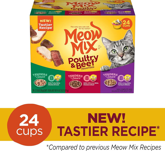 Meow Mix Tender Favorites Poultry & Beef Variety Pack, 2.75 oz Cup, 24 Pack Wet Cat Food