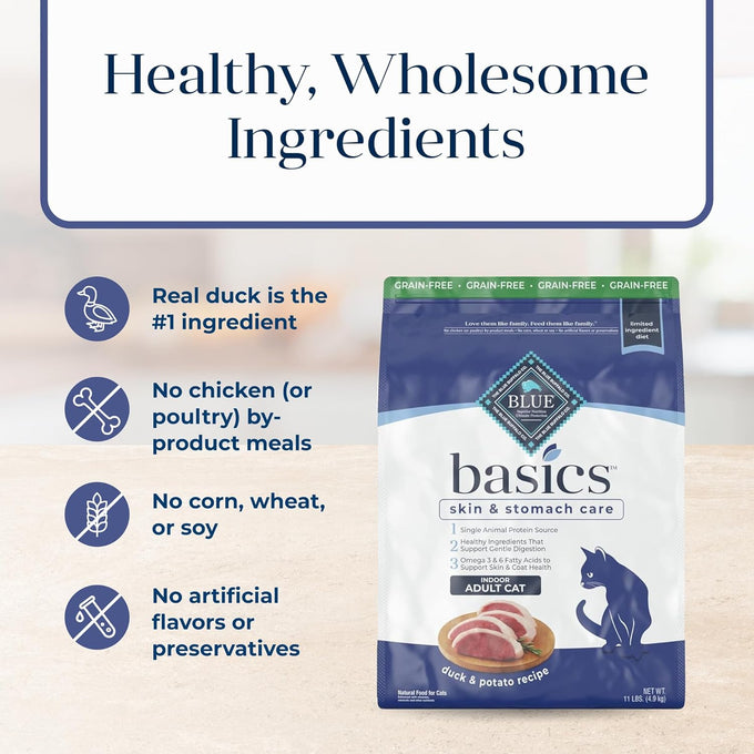 Blue Buffalo Basics Grain-Free Dry Cat Food for Indoor Cats, Duck & Potato Recipe, 11-lb Bag, Skin & Stomach Care