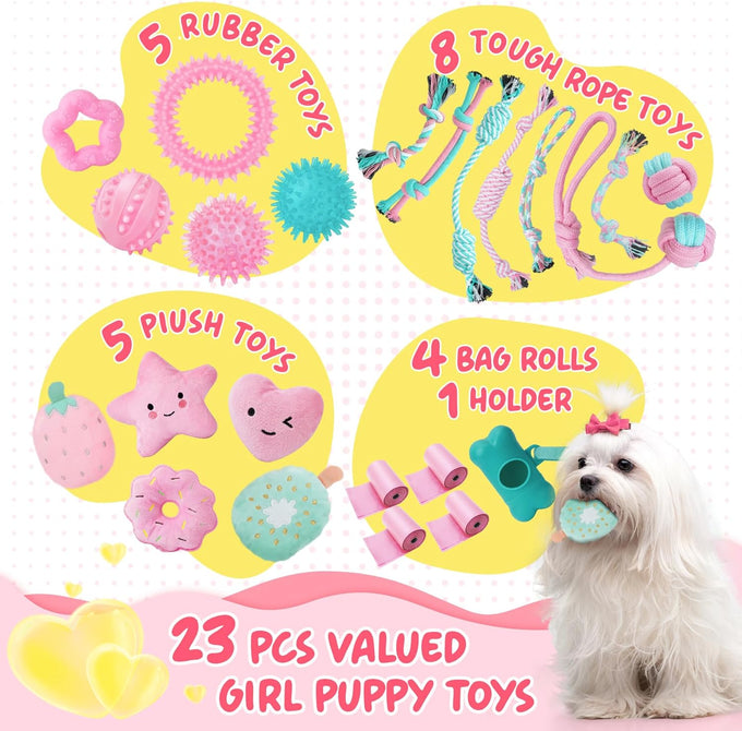 XIUGOAL 23 Pack Pink Puppy Toys for Female Puppies with Teething, Interactive Dog Toys and Ropes