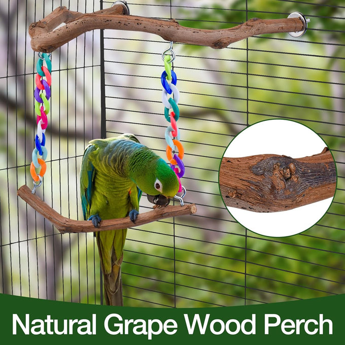 Grape Wood Bird Swing Toy for Small to Medium Sized Birds, U Shape Hangable with Chains, Natural Perch for Budgerigars, Parakeets