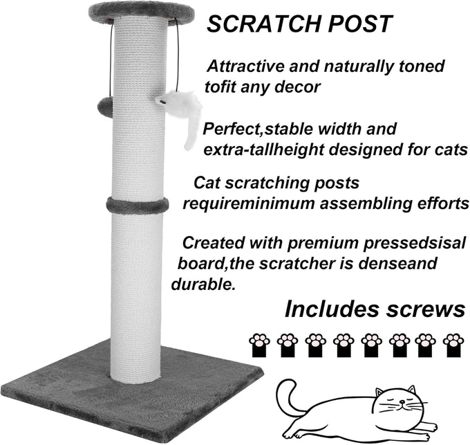 34-Inch heavy-duty grey cat scratching post with cotton rope and hanging ball for indoor cats