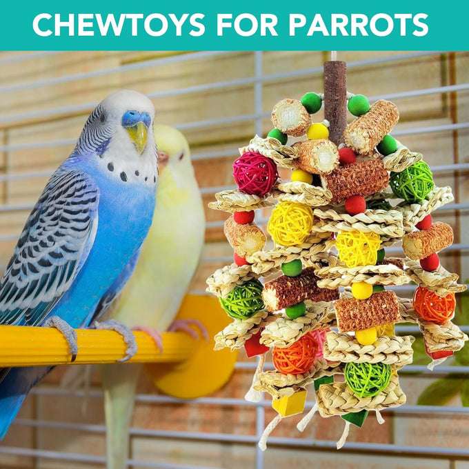 Natural Parrot Chew Toy for Conures, Quaker Parrots, with Seagrass, Corn Cob, and Wooden Beads