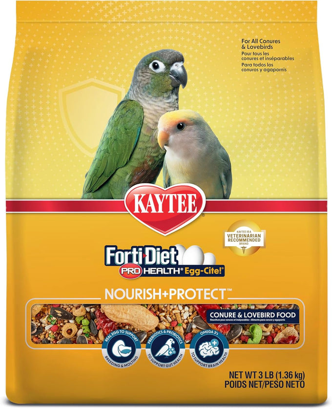 kaytee forti-diet pro health egg-cite conure & lovebird food, 3 pound, high protein, digestive health, brain function support