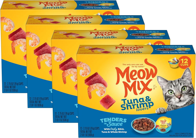 Meow Mix Tenders in Sauce tuna & shrimp 2.75 oz wet cat food, 12-pack cups with peel-off lids