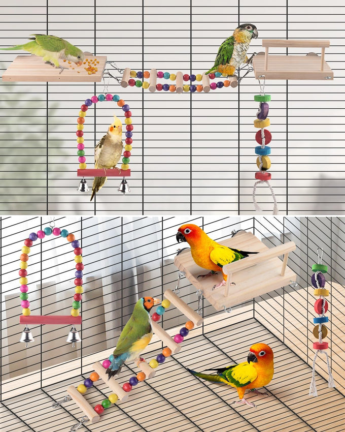 dbness 5in1 wooden bird perch toys for parakeet parrot cage accessories with climbing ladder swing and perches