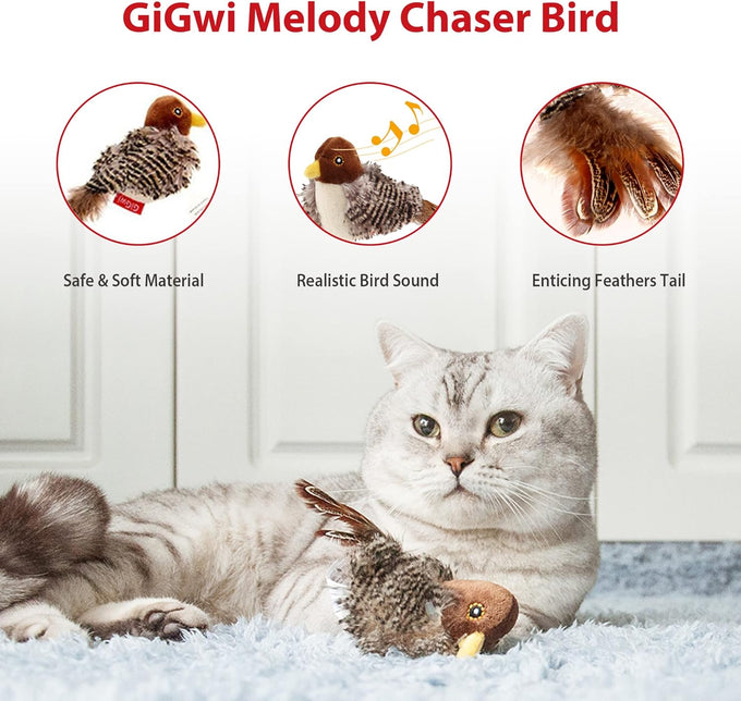 GiGwi Squeaky Bird Cat Toy with Feather Tail, Melody Chaser Play for Boredom, Realistic Bird Design