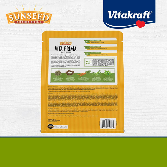 Sun Seed Vita Prima Adult Rabbit Food 4 lbs. high-fiber hay base, vitamin-enriched mix, variety of grains and fruits