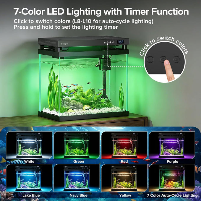 vehipa 2.2 gallon smart aquarium with humidifier, auto feeder, silent pump, temperature display & 7-color lighting, black