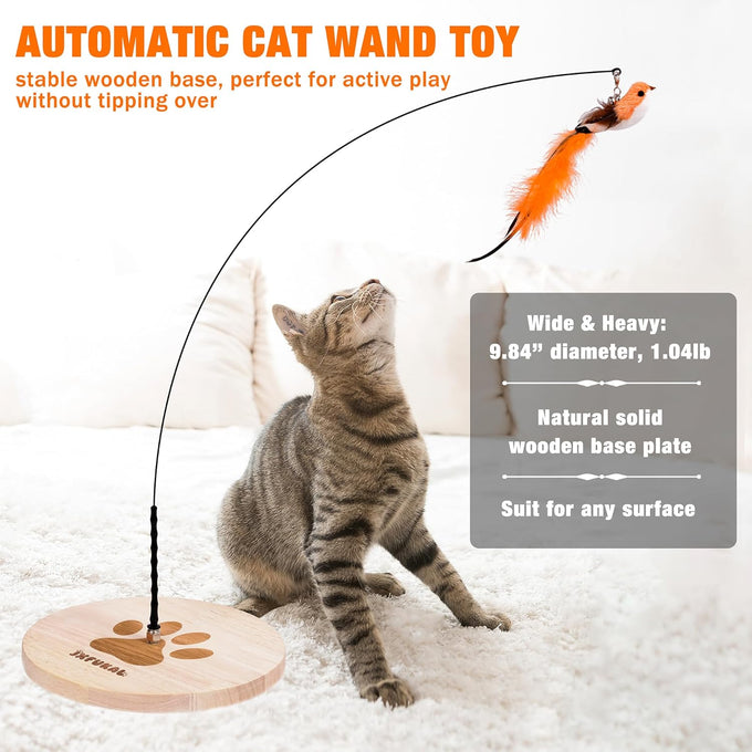 JXFUKAL interactive cat toy 3 in 1 with stable wooden base 2 PCS detachable cat teaser 5PCS refills & elastic string for kitty kitten toys
