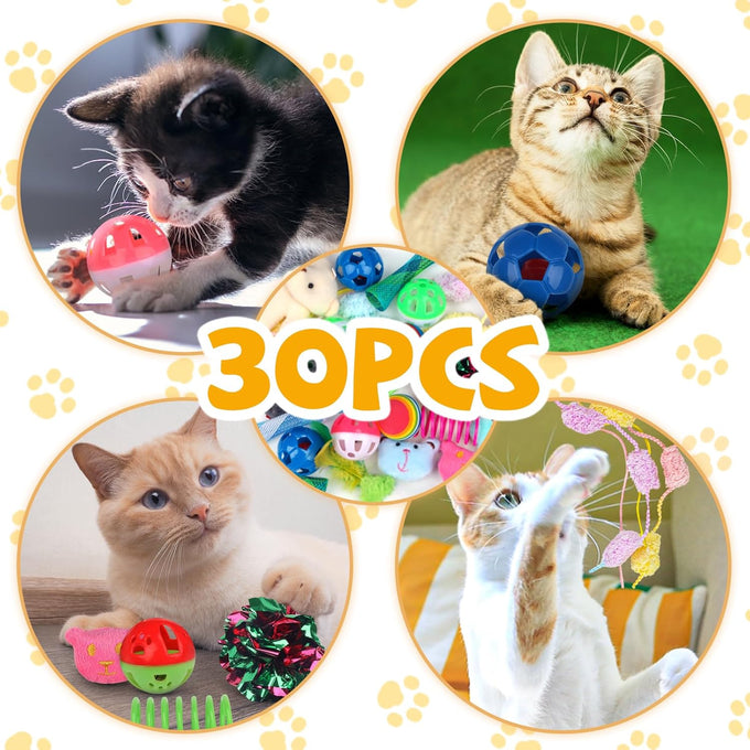Quozuo 30 pc cat toy set, interactive kitten toy wand, cat balls with bells, non-toxic safe gift box