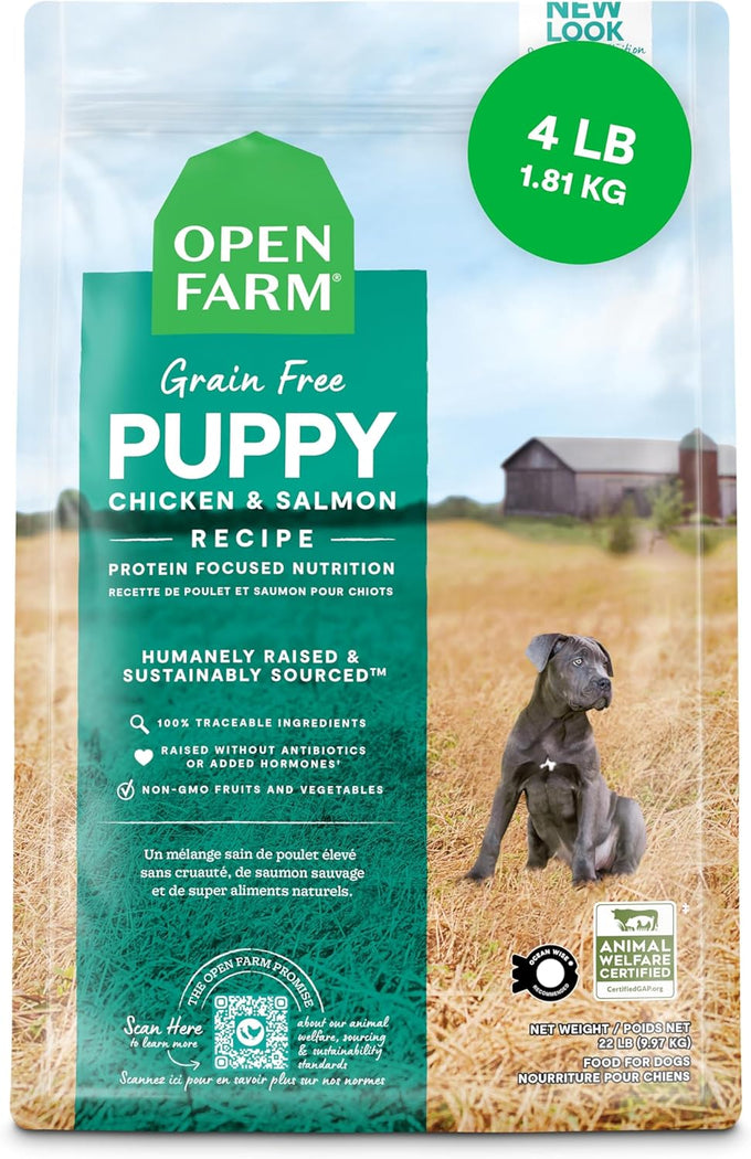 Open Farm, Grain-Free Dry Dog Food for Puppies, Protein-Packed Kibble, Sustainably & Ethically Sourced Ingredients, Non-GMO Veggies & Superfoods, Salmon & Sweet Potato Puppy Recipe, 4lb Bag