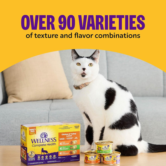 Wellness Complete Health Pate Variety Pack Adult Canned Wet Cat Food, Natural, Protein Rich, Grain Free, Chicken and Turkey Favorites, 3 oz, Pack of 24 Cans
