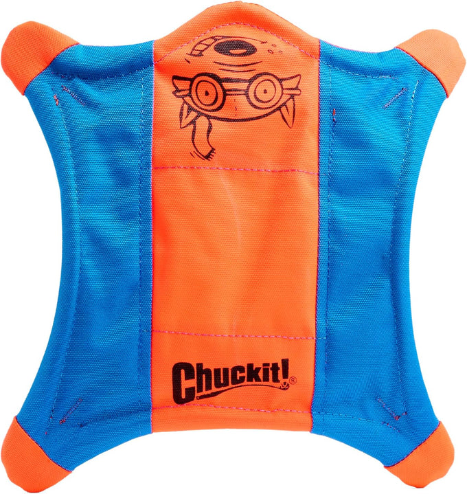 Chuckit! medium flying squirrel fetch dog toy - 9.5-inch diameter - water floating polyester canvas - orange and blue