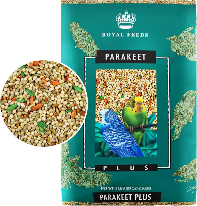leach grain & milling co. parakeet food plus, 5lbs premium parakeet bird food with vitamins & minerals, supports energy & growth
