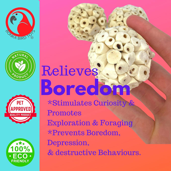 Bonka Bird Toys 1214 Pk3 all-natural sola atta balls 3-pack 2" diameter chew toys for parrots parakeets cockatiels safe and small pets