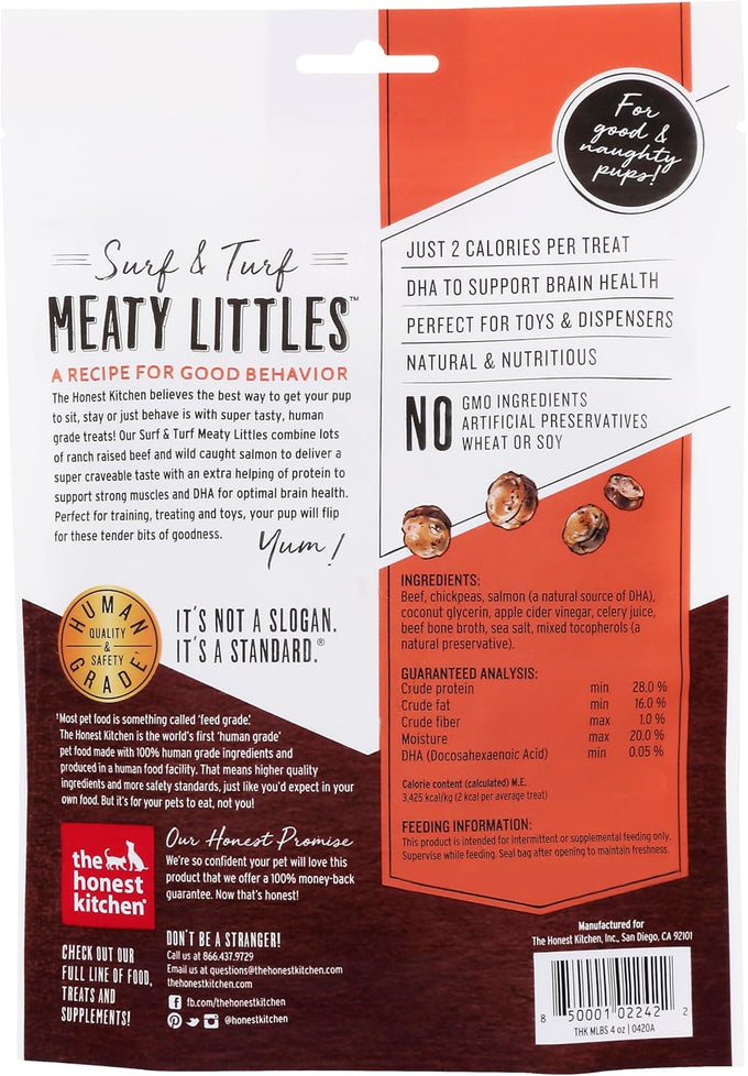 Honest Kitchen Human Grade Dog Treats Surf & Turf Meaty Littles with Beef & Salmon Recipe, 4 oz Bag, USA Made