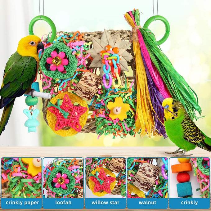 YIXUND Foraging Playground Bird Toys for Parakeets, Parrots, and Small to Medium Birds with Eco-Friendly Seagrass and Natural Wood Chew Toys