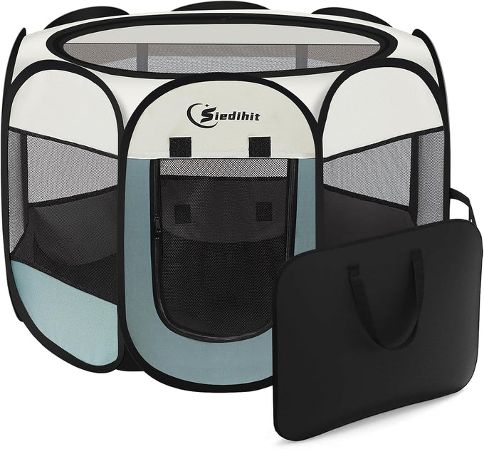Siedihit grey small dog cat playpen, portable pop up enclosure kennel with carrying case for dogs cats rabbits