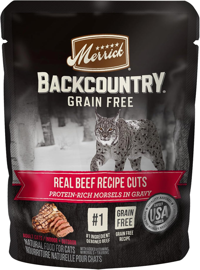 Merrick Backcountry grain free beef recipe morsels in gravy, 24 pouches, 3 oz each, high protein wet cat food