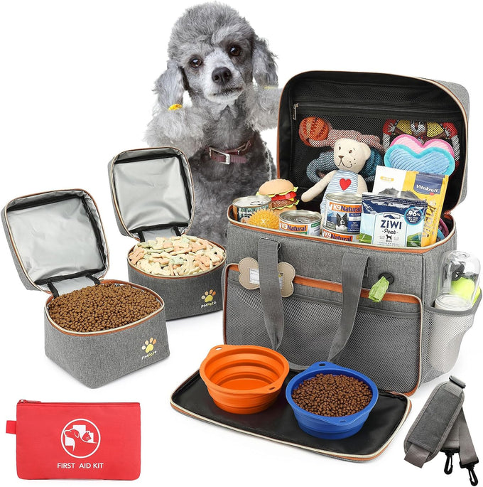 grey dog travel bag for dogs and cats with multi-function pockets and airline compliant design