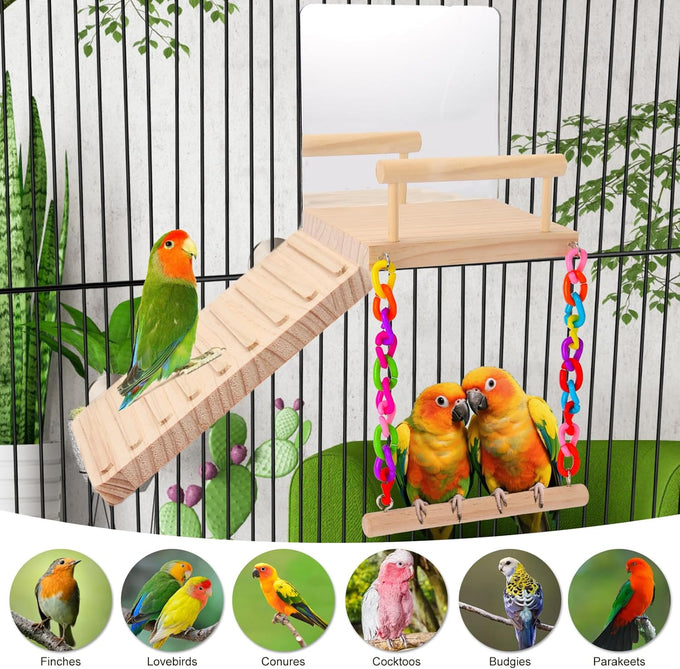 KyoukiBird Perch Platform Bird Toys with Mirror Climbing Ladder Swing for Cockatiels, Lovebirds, Budgies and More - Wooden Parakeet Cage Accessories