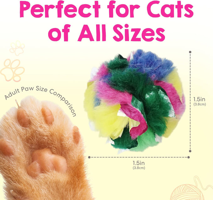 Soft Crinkle Cat Toy Balls 4 Pack - Fuzzy Pom Balls for Indoor Cats & Kittens Made in Canada
