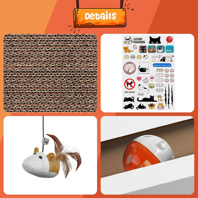 cat laptop scratcher 3-in-1 cardboard interactive kitten toy with mouse jingle ball stickers
