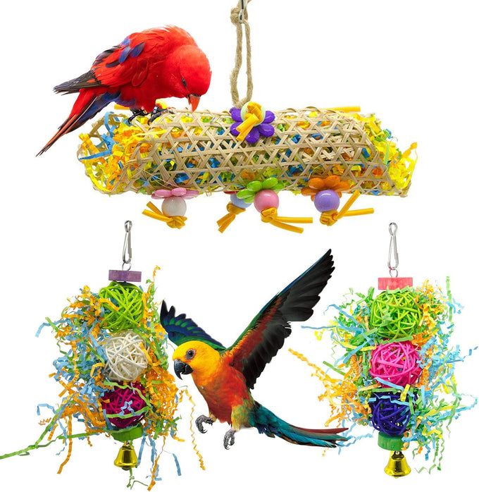 3Pack wood-rattan bird chewing toys foraging shredder toy parrot cage hanging toy