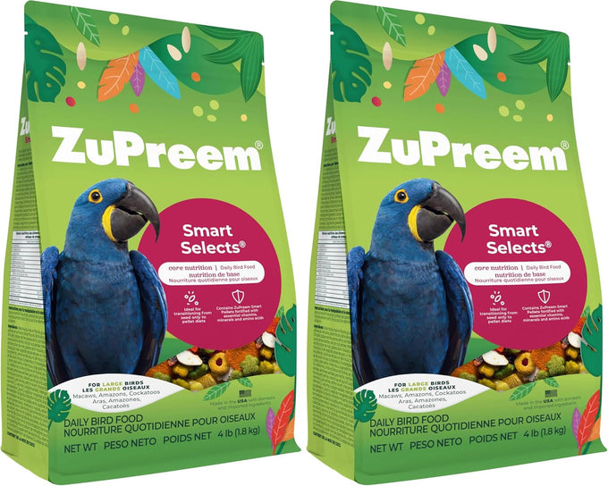 ZuPreem Smart Selects Large Bird Food, Cockatoo, Macaw, and Amazon Diet, Pellet and Seed Blend, Made in USA, 4 lb Bag, Large