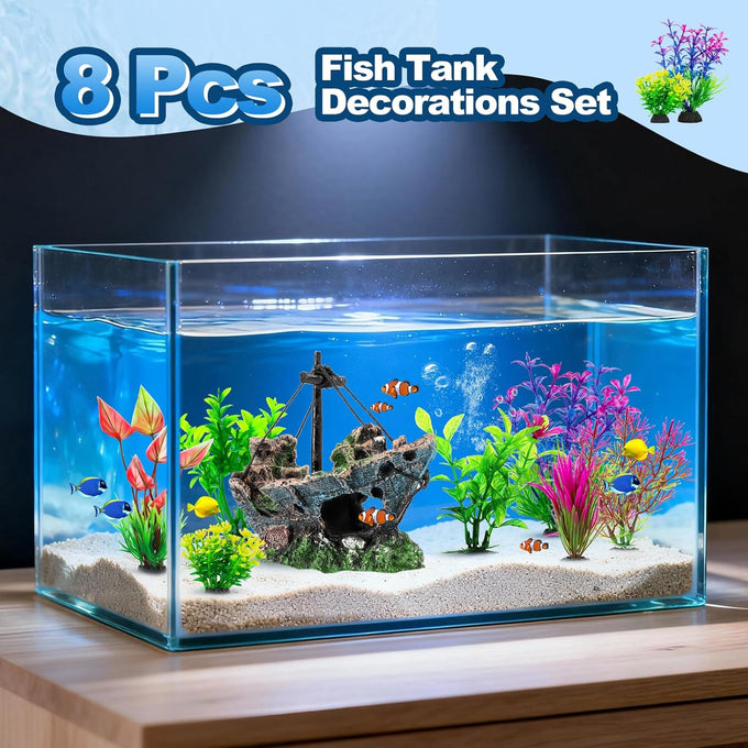 8Pcs Fish Tank Decorations Set - Sunken Ship, Resin Material, Aquarium Accessories for Freshwater or Saltwater Environments