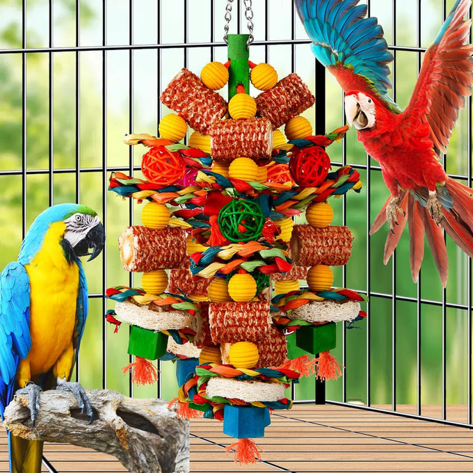 Natural Corn Cob and Loofah Slices Bird Chew Toys for African Grey Parrots and Macaws