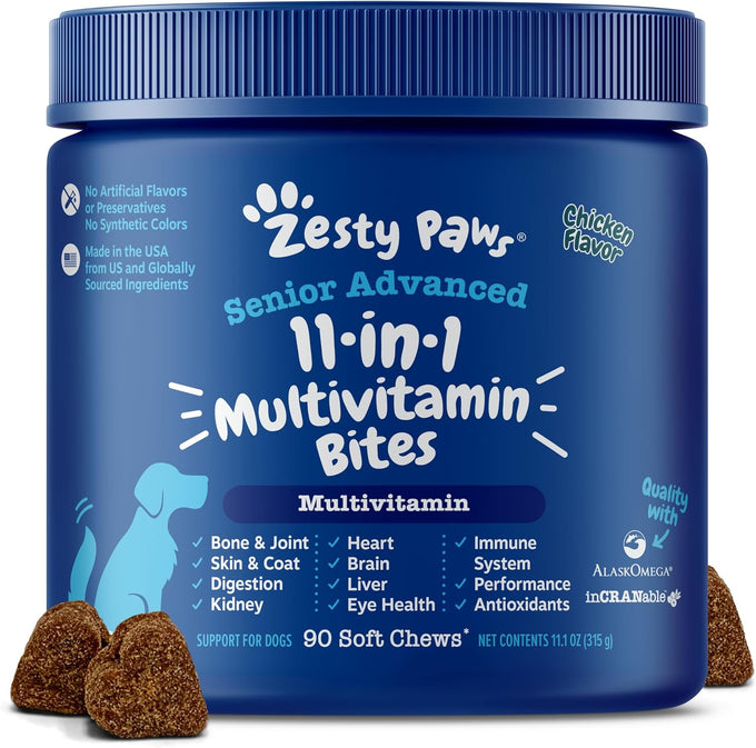 Zesty Paws Senior Dog Multivitamin Treats - Grain Free, Glucosamine for Dogs, Digestive Enzymes, Probiotics, and Skin & Coat Suppliments - Beef - Advanced - 90ct