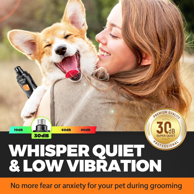 Whisper quiet dog nail grinder with 4 LED lights, safe & stress-free for sensitive dogs, cats, all breeds & sizes