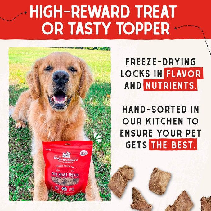 Stella & Chewy's premium freeze-dried raw beef heart dog treats, single ingredient, no additives, 3oz bag, perfect for training and picky eaters