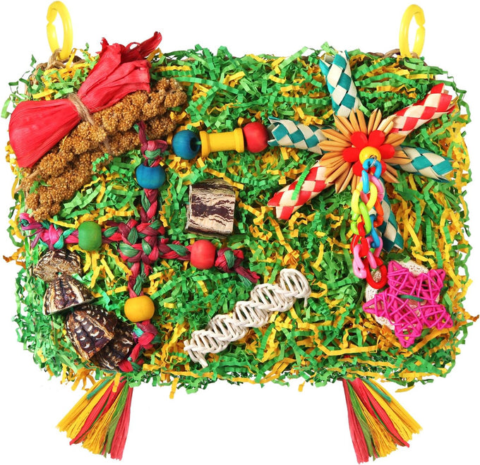 large-sized parrot foraging & shredding cage hanging toys for budgies, cockatiels, lovebirds, conures with eco-friendly seagrass and starfruit accents
