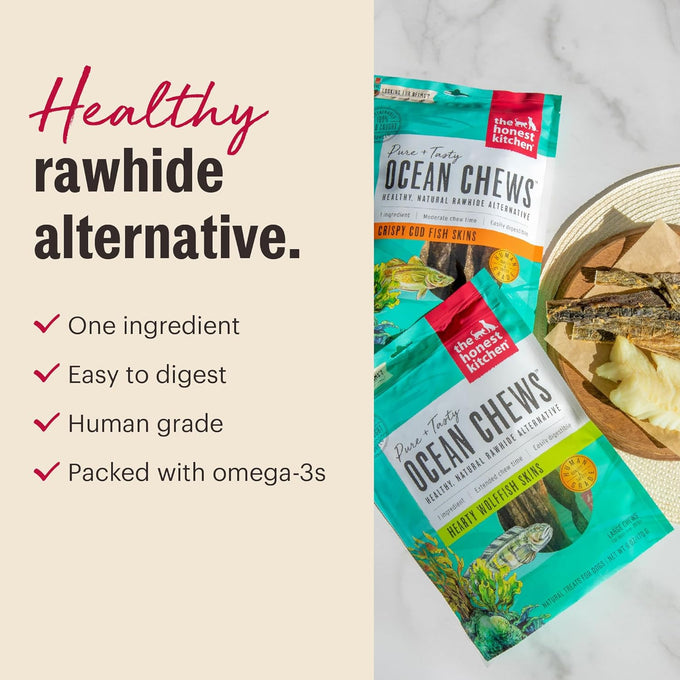 The Honest Kitchen human grade 100% cod fish skins dog treats, grain-free, crispy chews, 5.5 ounces
